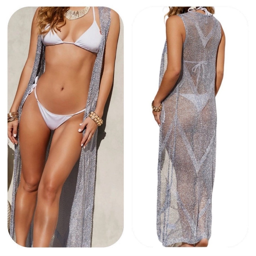 DOLL S/M Blue Metallic Open Knit Sleeveless Kimono Cover Up - Picture 8 of 12